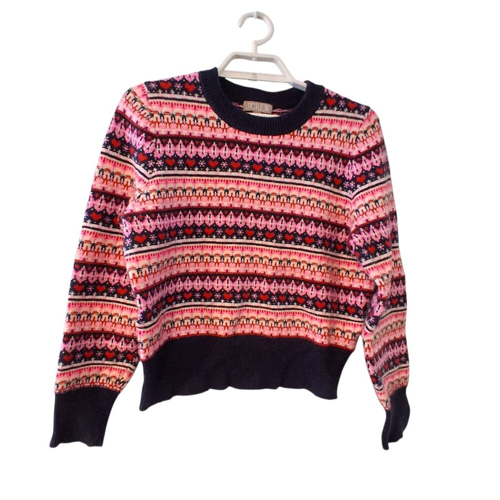 J Crew sweater womens Medium Shrunken fair isle pullover hearts wool blend
